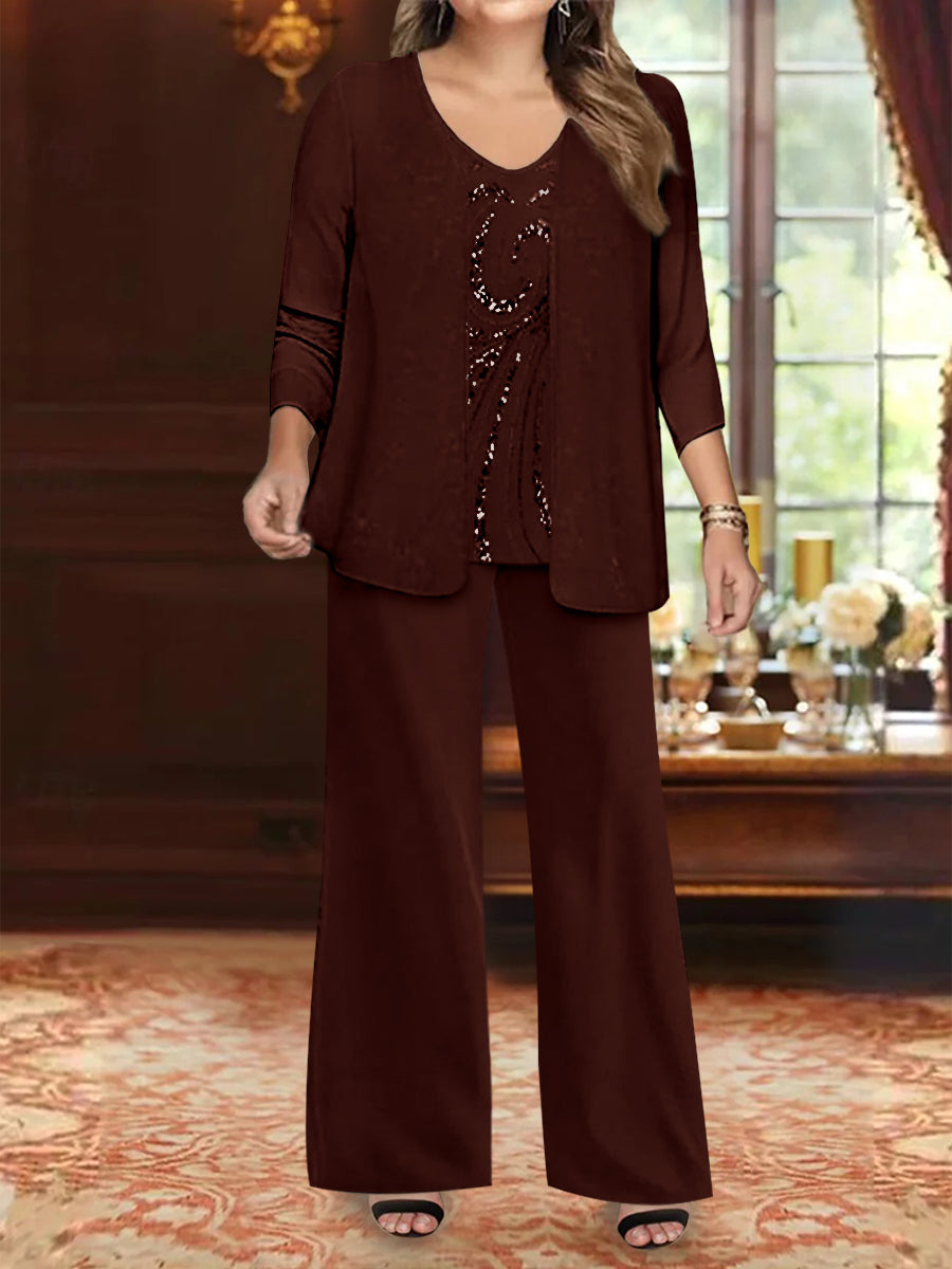 Plus Size 3 Piece Mother of the Bride Chiffon Pantsuit with V Neck Long Jacket & Sequins