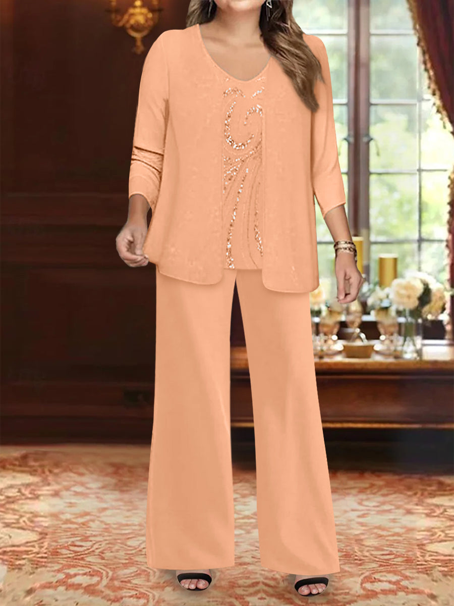 Plus Size 3 Piece Mother of the Bride Chiffon Pantsuit with V Neck Long Jacket & Sequins