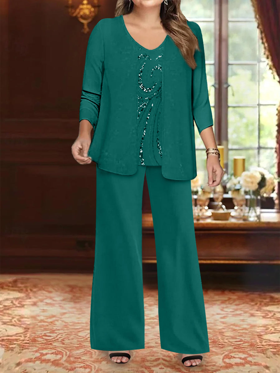 Plus Size 3 Piece Mother of the Bride Chiffon Pantsuit with V Neck Long Jacket & Sequins