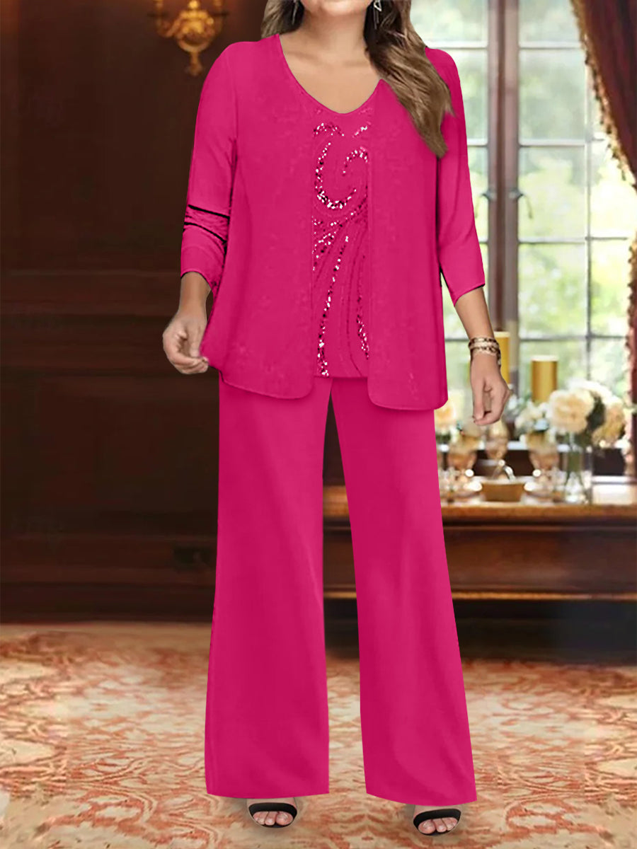 Plus Size 3 Piece Mother of the Bride Chiffon Pantsuit with V Neck Long Jacket & Sequins