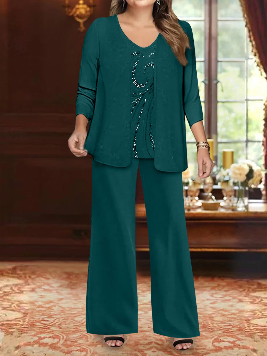 Plus Size 3 Piece Mother of the Bride Chiffon Pantsuit with V Neck Long Jacket & Sequins