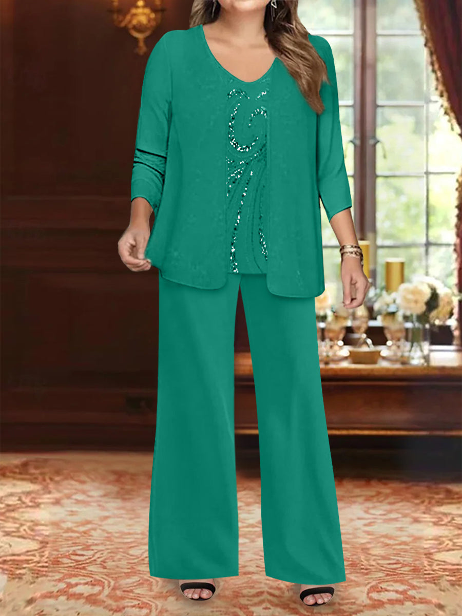 Plus Size 3 Piece Mother of the Bride Chiffon Pantsuit with V Neck Long Jacket & Sequins
