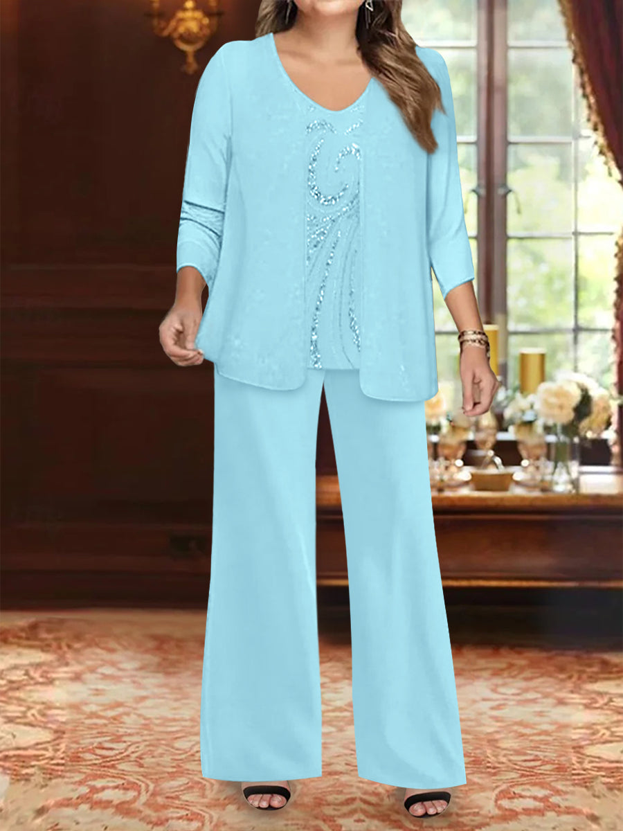 Plus Size 3 Piece Mother of the Bride Chiffon Pantsuit with V Neck Long Jacket & Sequins