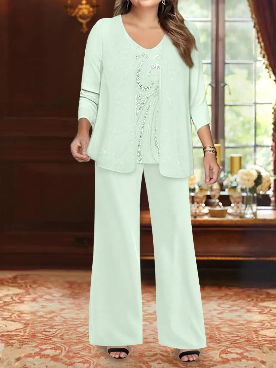 Plus Size 3 Piece Mother of the Bride Chiffon Pantsuit with V Neck Long Jacket & Sequins