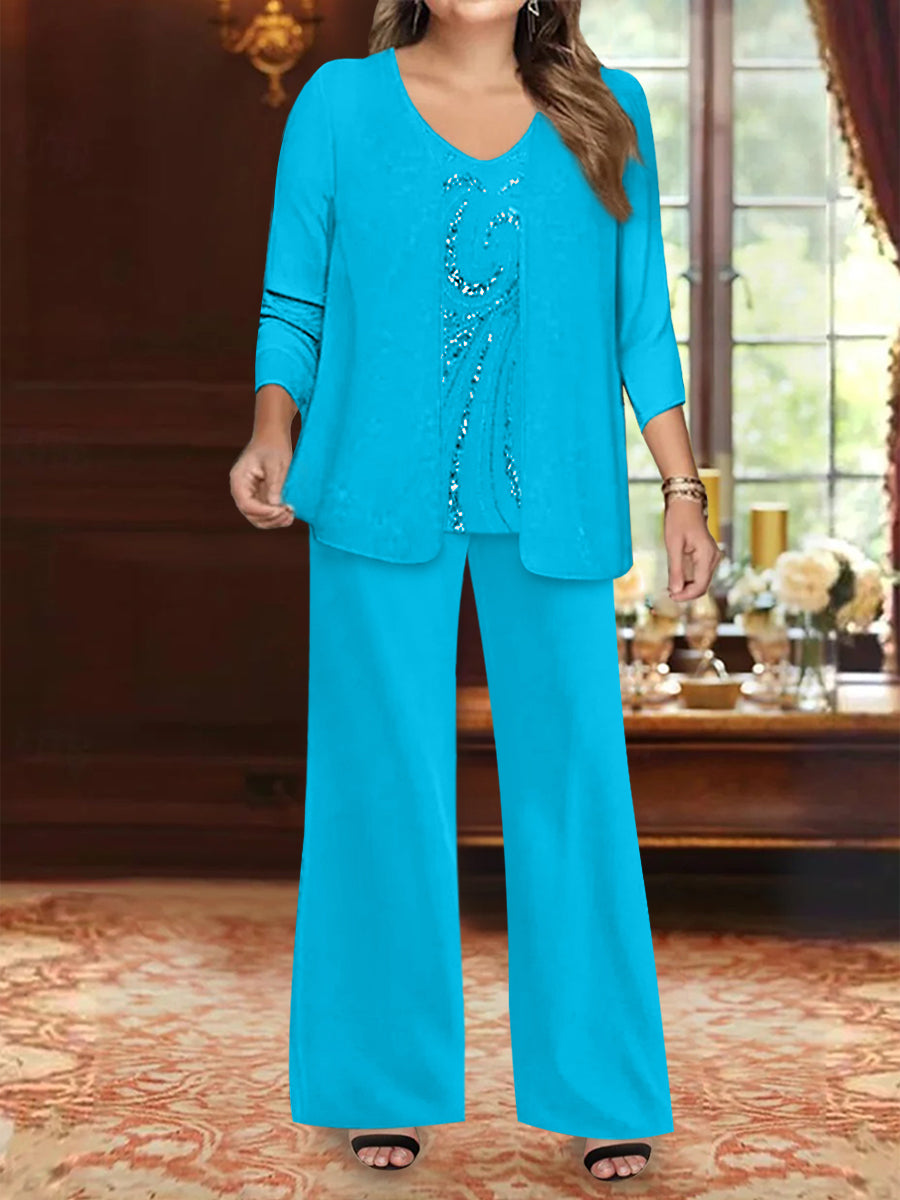 Plus Size 3 Piece Mother of the Bride Chiffon Pantsuit with V Neck Long Jacket & Sequins