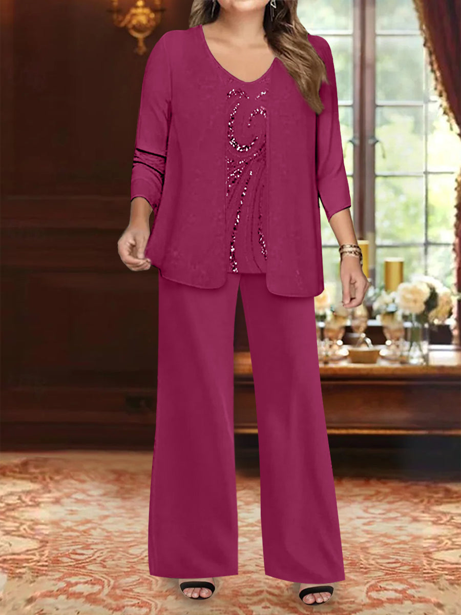 Plus Size 3 Piece Mother of the Bride Chiffon Pantsuit with V Neck Long Jacket & Sequins