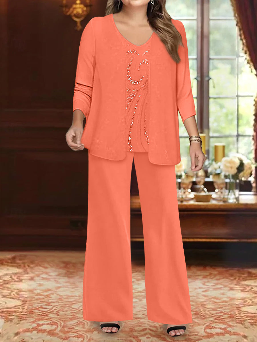Plus Size 3 Piece Mother of the Bride Chiffon Pantsuit with V Neck Long Jacket & Sequins