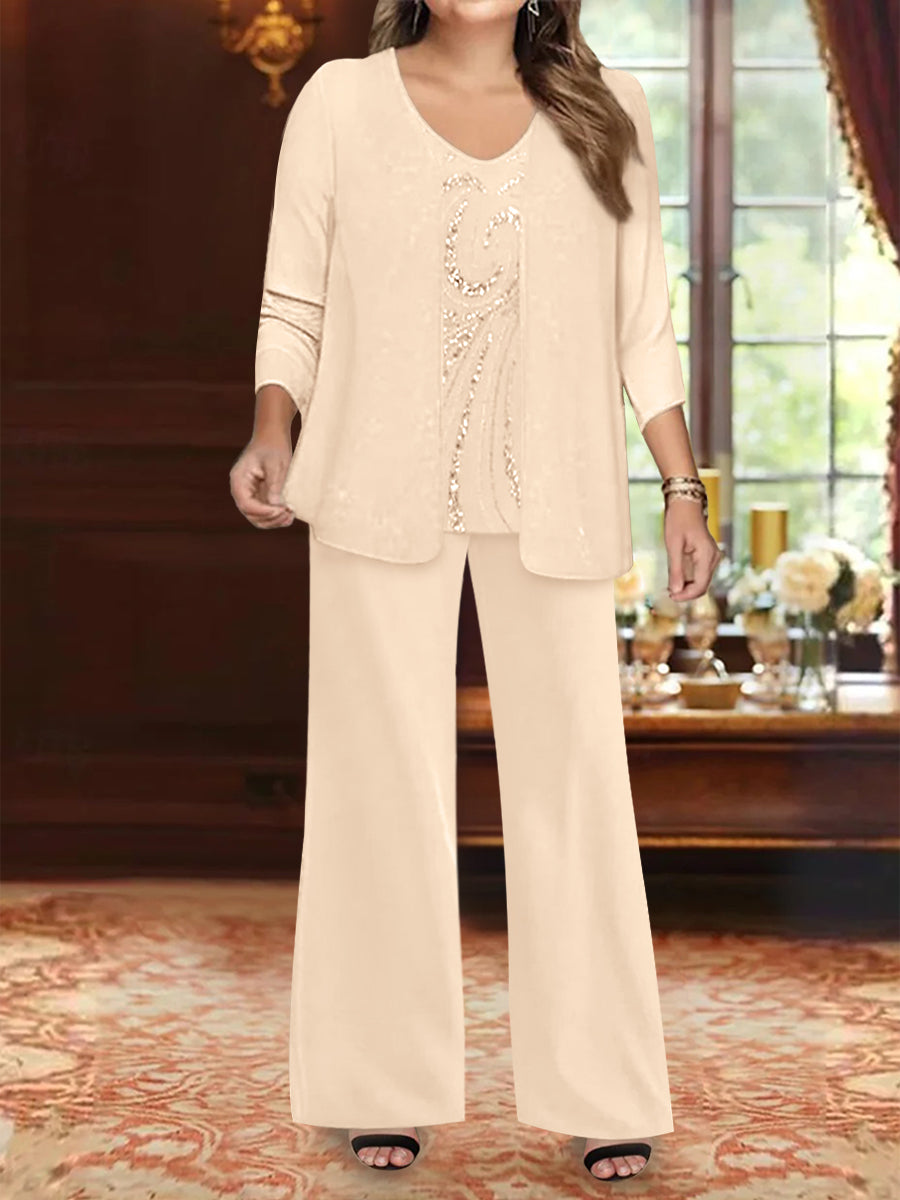 Plus Size 3 Piece Mother of the Bride Chiffon Pantsuit with V Neck Long Jacket & Sequins