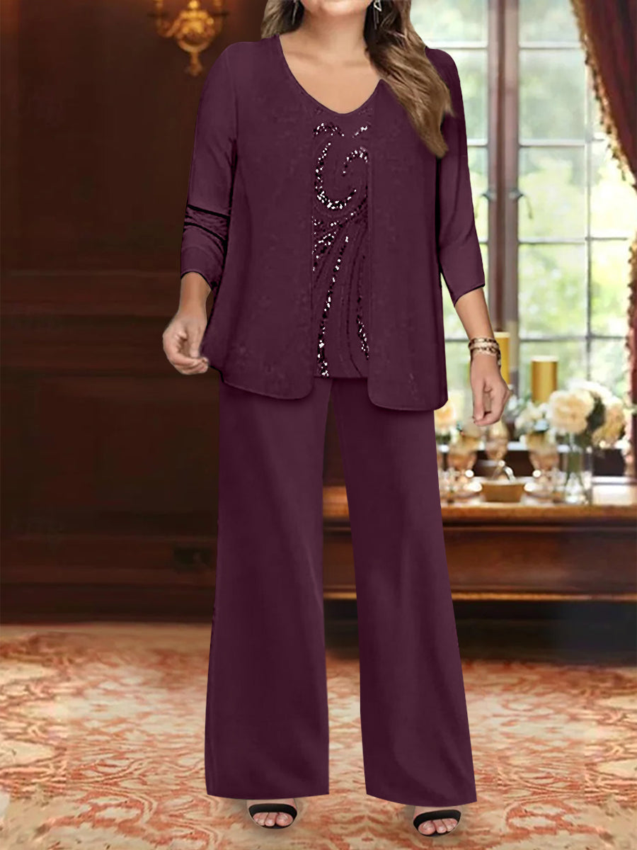 Plus Size 3 Piece Mother of the Bride Chiffon Pantsuit with V Neck Long Jacket & Sequins
