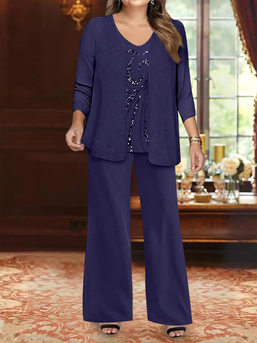 Plus Size 3 Piece Mother of the Bride Chiffon Pantsuit with V Neck Long Jacket & Sequins