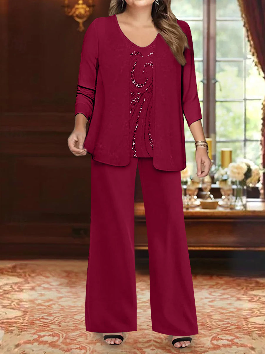 Plus Size 3 Piece Mother of the Bride Chiffon Pantsuit with V Neck Long Jacket & Sequins