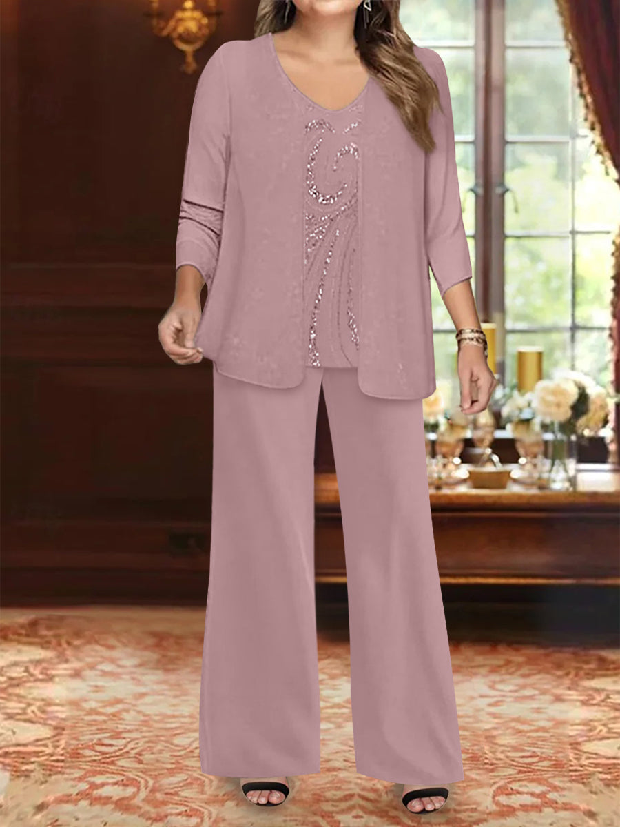 Plus Size 3 Piece Mother of the Bride Chiffon Pantsuit with V Neck Long Jacket & Sequins