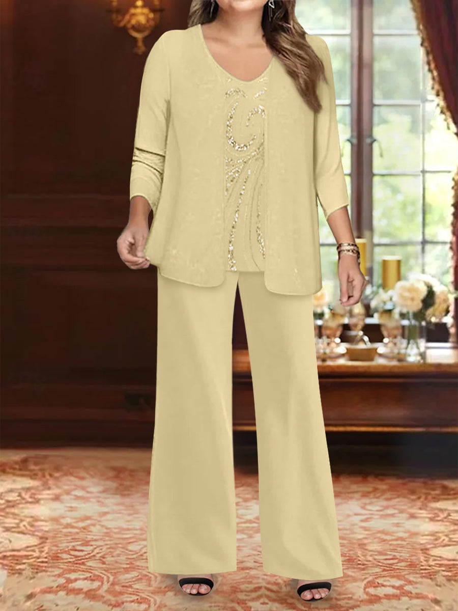 Plus Size 3 Piece Mother of the Bride Chiffon Pantsuit with V Neck Long Jacket & Sequins