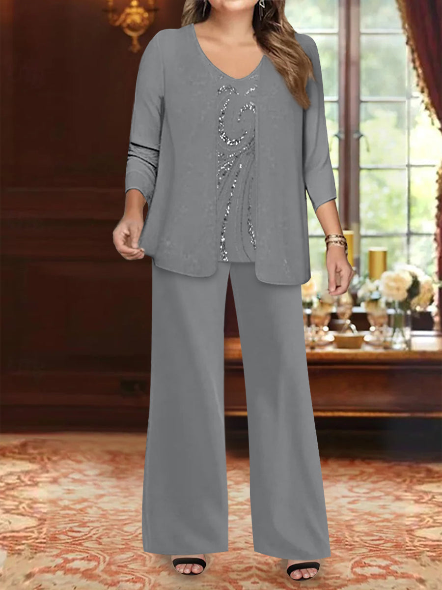 Plus Size 3 Piece Mother of the Bride Chiffon Pantsuit with V Neck Long Jacket & Sequins