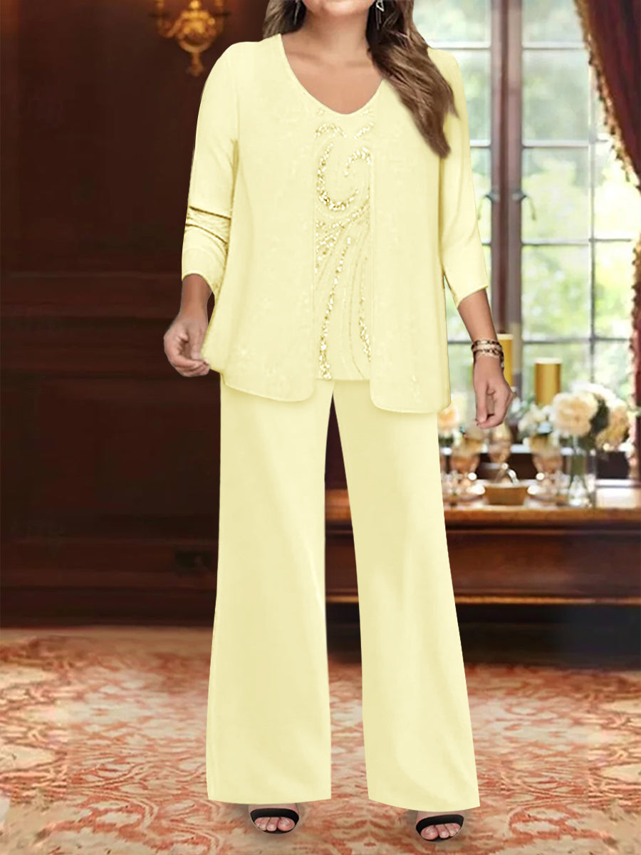 Plus Size 3 Piece Mother of the Bride Chiffon Pantsuit with V Neck Long Jacket & Sequins