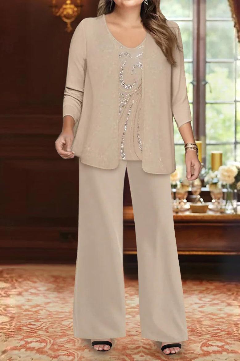 Plus Size 3 Piece Mother of the Bride Chiffon Pantsuit with V Neck Long Jacket & Sequins