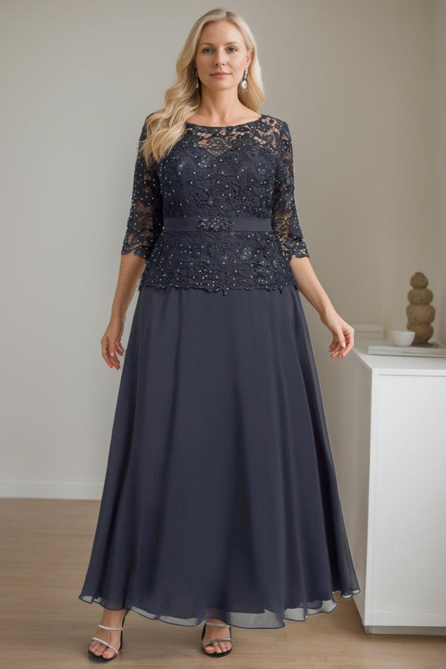 Plus Size A Line Scoop Neck Ankle Length Mother of the Bride Dress with Beading and Rhinestones