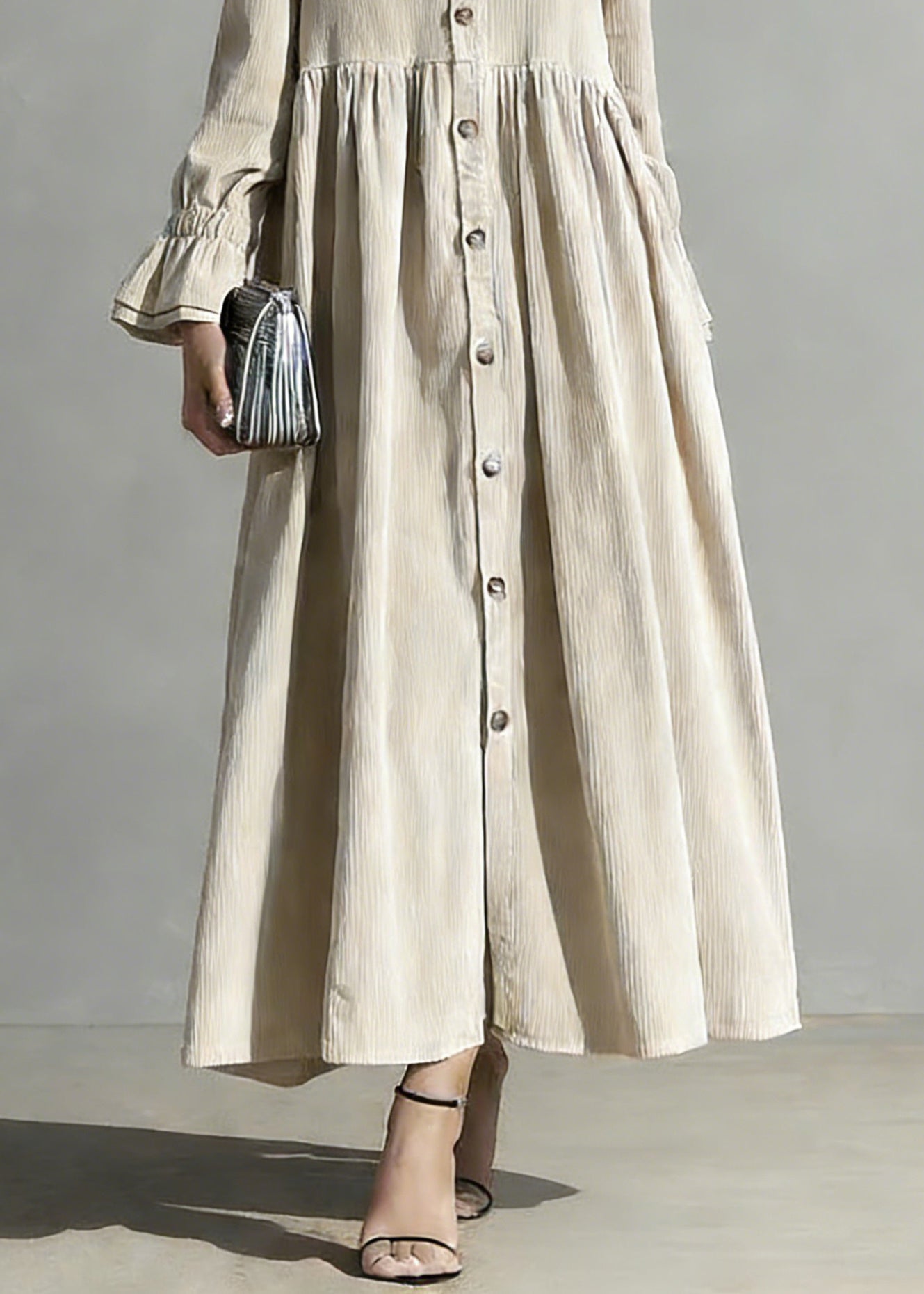 Plus Size Apricot Peter Pan Collar Button Corduroy Blouses Dresses Spring