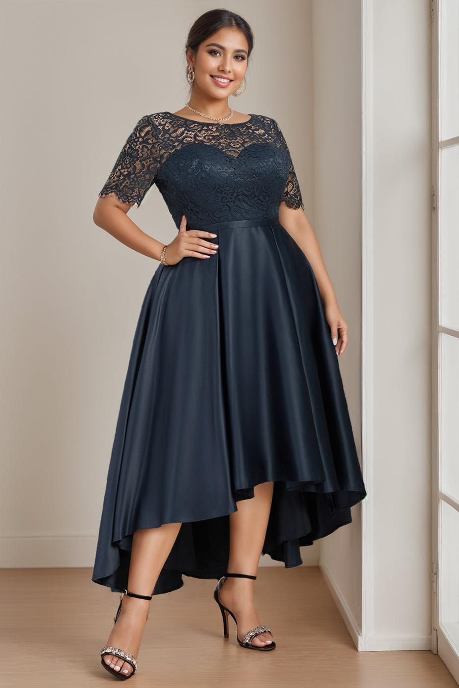 Plus Size Asymmetrical A Line Dress with Round Neck and Short Sleeves Appliques for Mother of the Bride