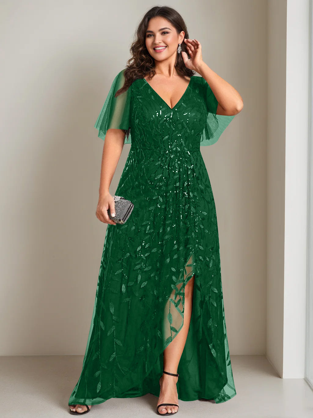 Plus Size Asymmetrical A Line V Neck Short Sleeve Mother of the Bride Dress with Sequins