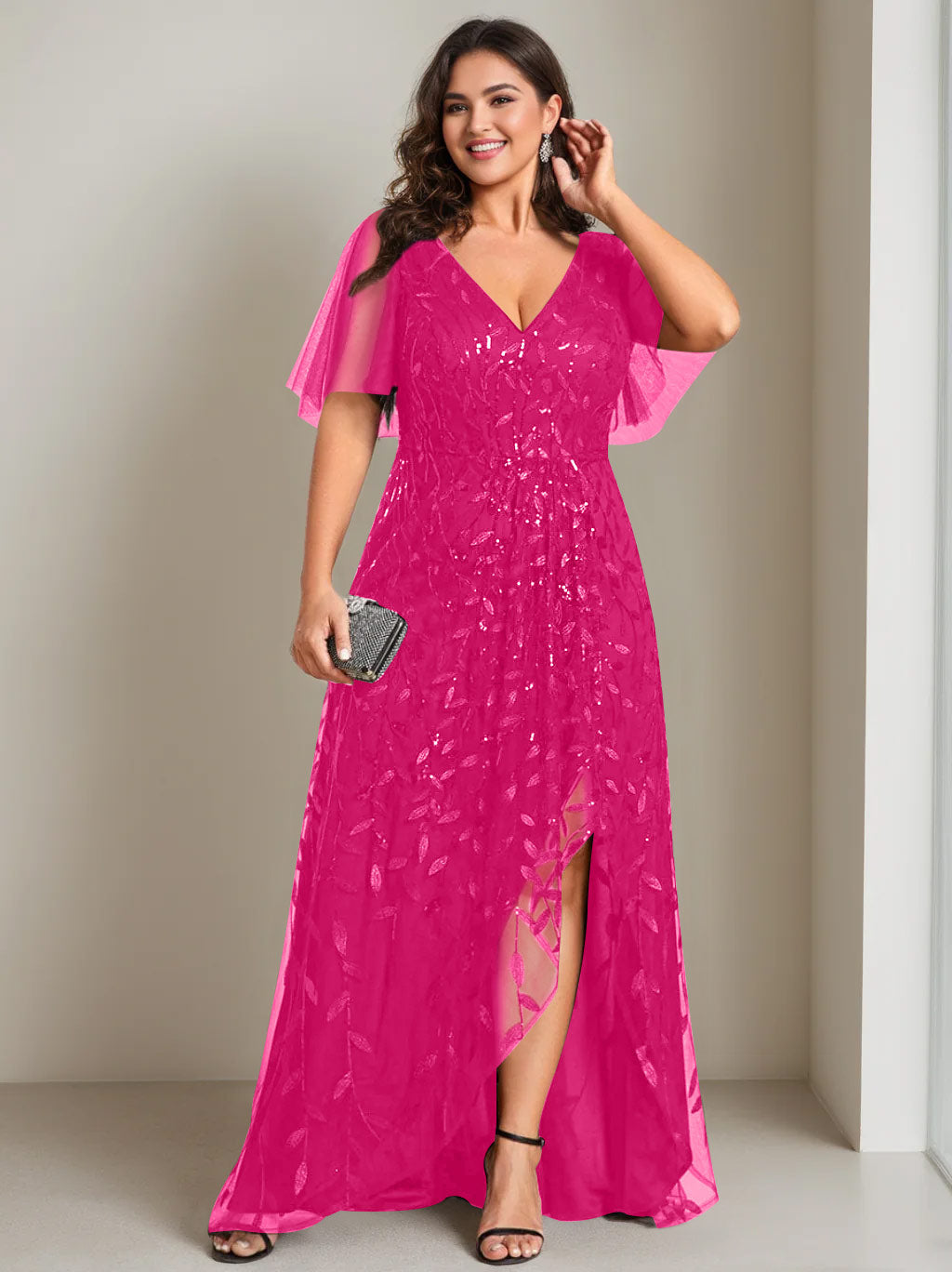 Plus Size Asymmetrical A Line V Neck Short Sleeve Mother of the Bride Dress with Sequins