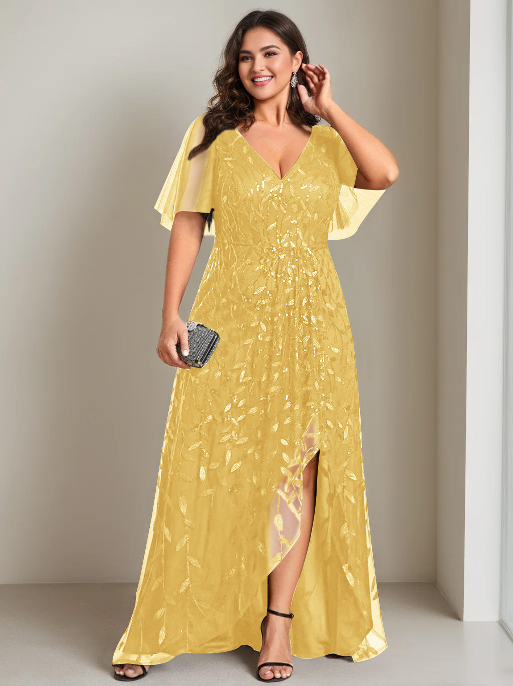 Plus Size Asymmetrical A Line V Neck Short Sleeve Mother of the Bride Dress with Sequins