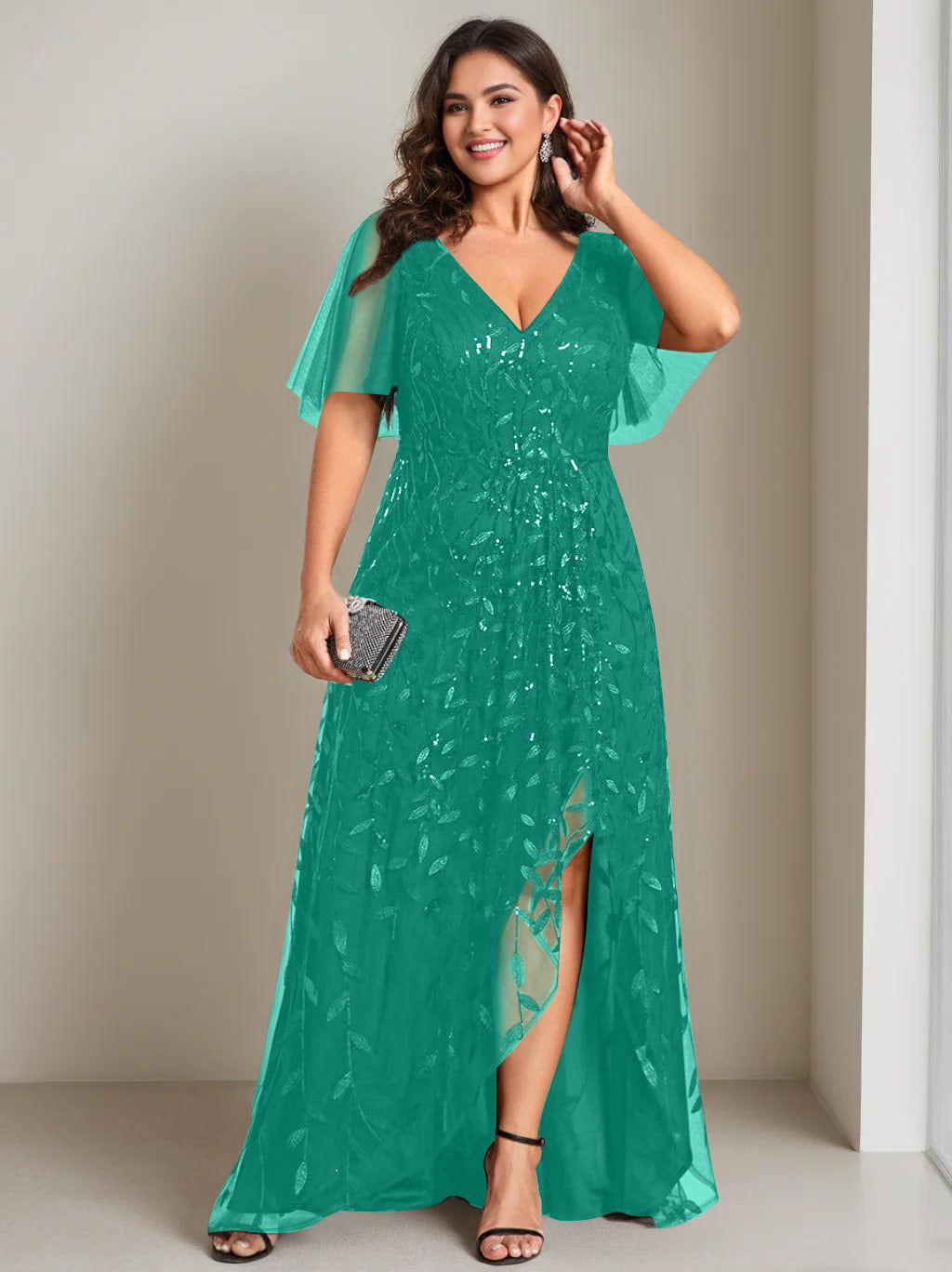 Plus Size Asymmetrical A Line V Neck Short Sleeve Mother of the Bride Dress with Sequins
