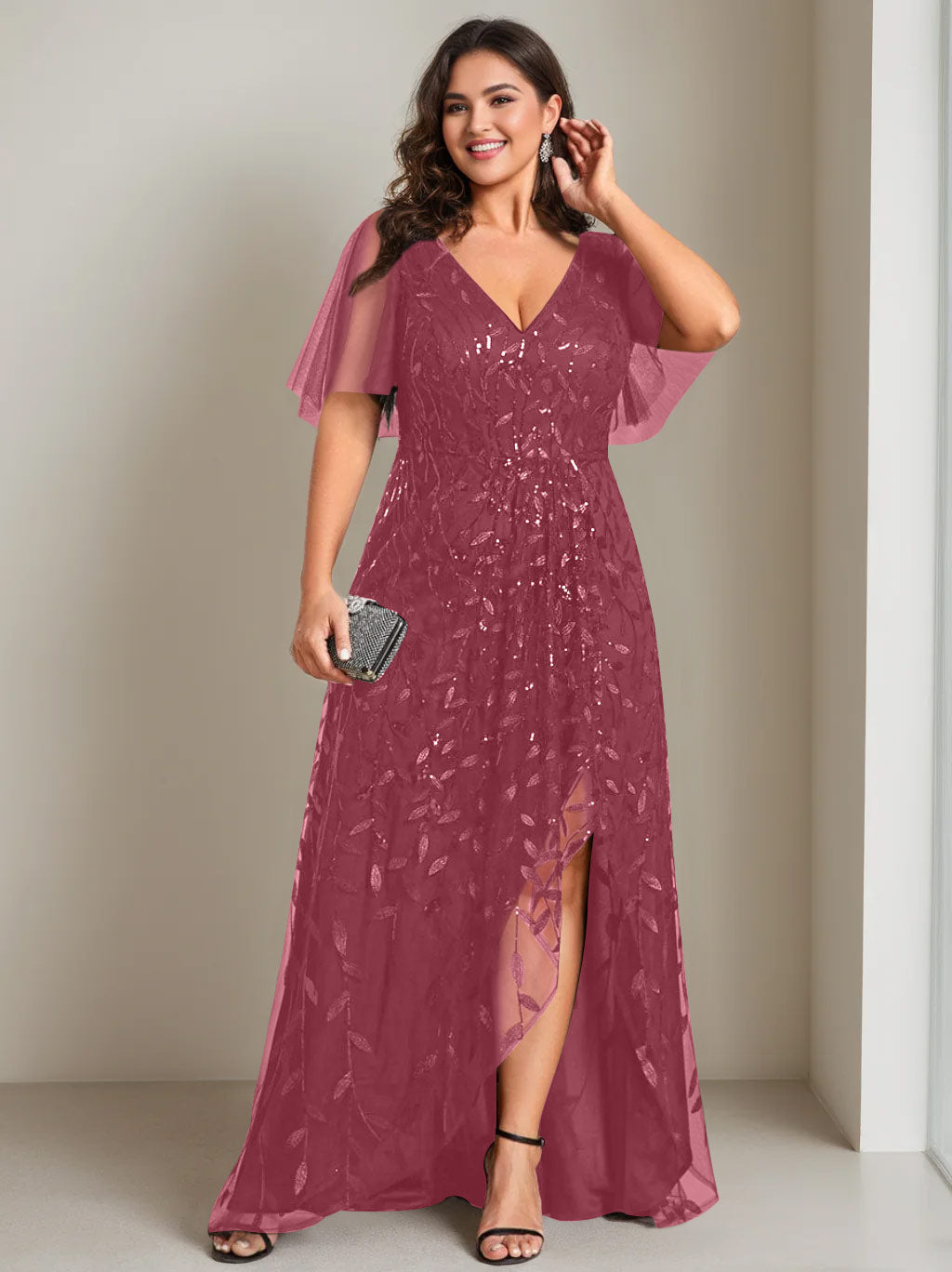 Plus Size Asymmetrical A Line V Neck Short Sleeve Mother of the Bride Dress with Sequins