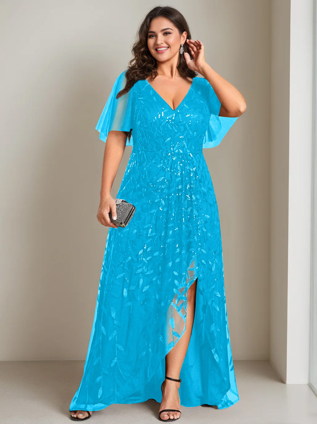 Plus Size Asymmetrical A Line V Neck Short Sleeve Mother of the Bride Dress with Sequins