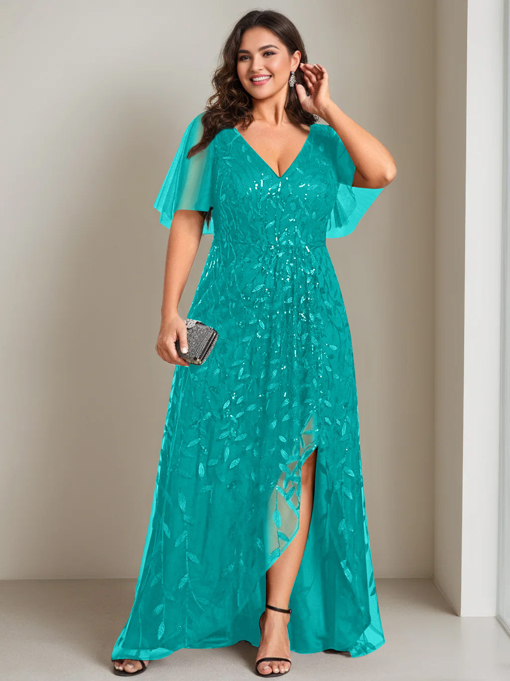 Plus Size Asymmetrical A Line V Neck Short Sleeve Mother of the Bride Dress with Sequins