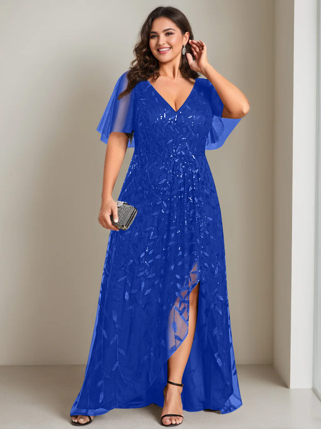 Plus Size Asymmetrical A Line V Neck Short Sleeve Mother of the Bride Dress with Sequins