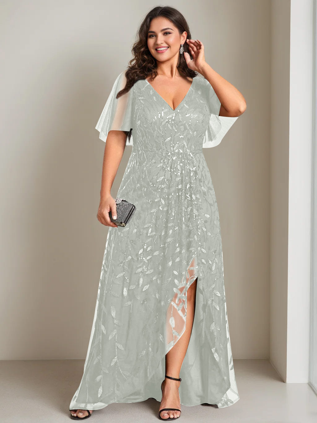 Plus Size Asymmetrical A Line V Neck Short Sleeve Mother of the Bride Dress with Sequins