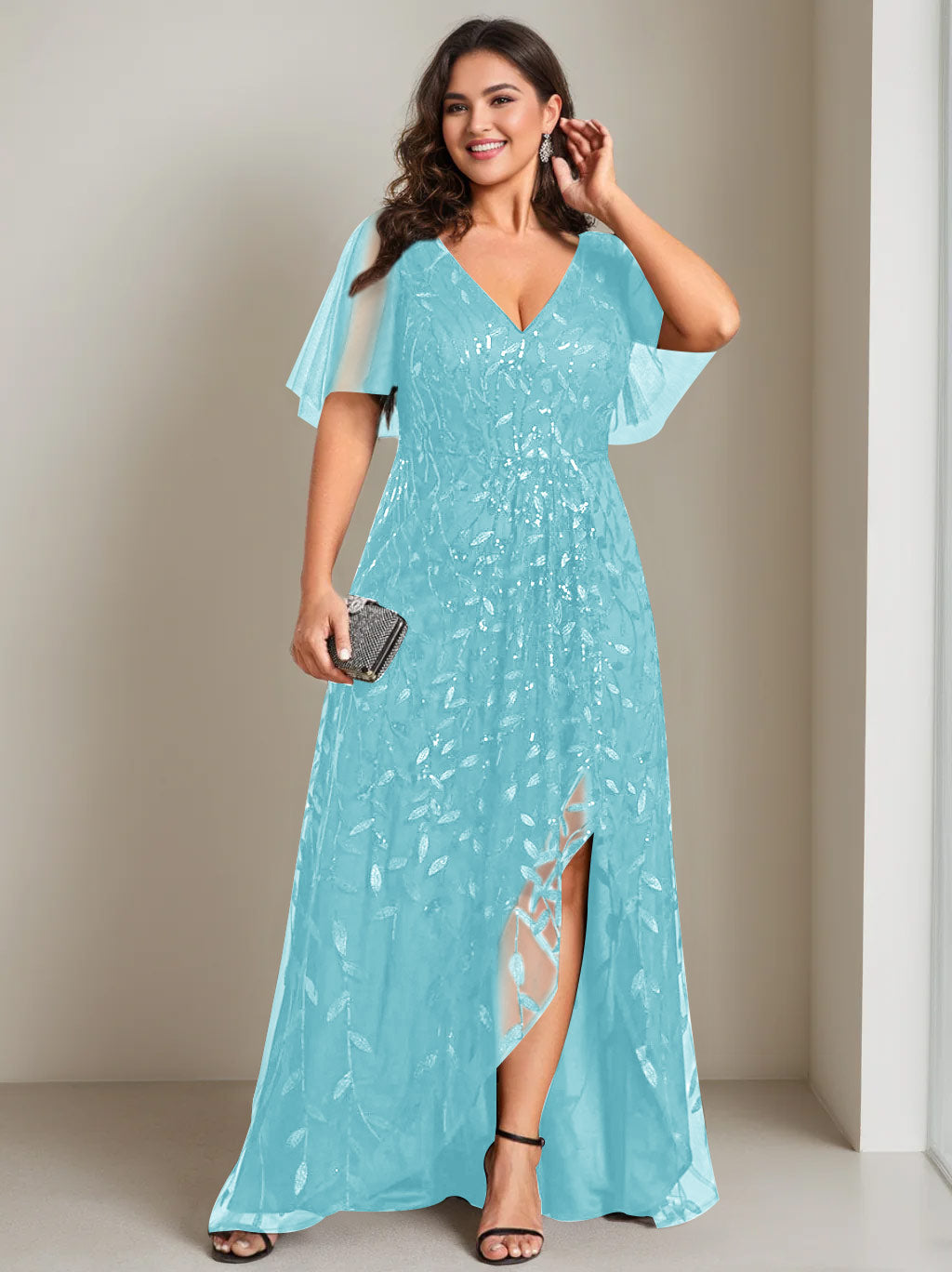 Plus Size Asymmetrical A Line V Neck Short Sleeve Mother of the Bride Dress with Sequins