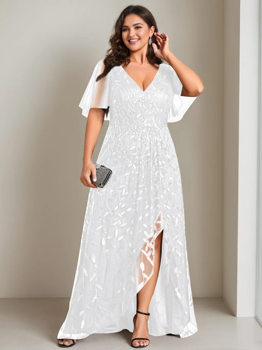Plus Size Asymmetrical A Line V Neck Short Sleeve Mother of the Bride Dress with Sequins
