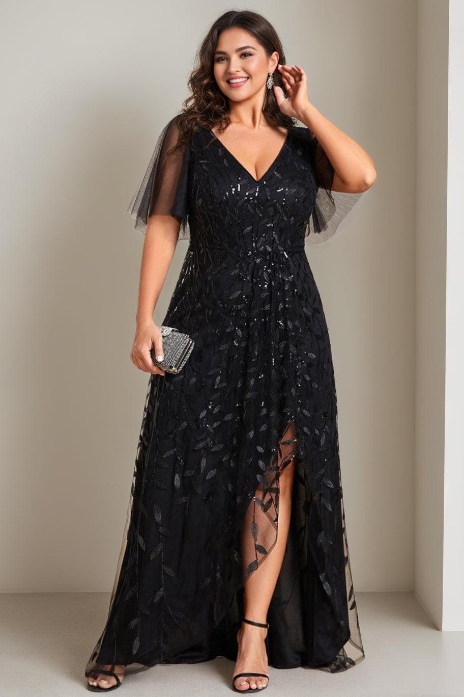 Plus Size Asymmetrical A Line V Neck Short Sleeve Mother of the Bride Dress with Sequins