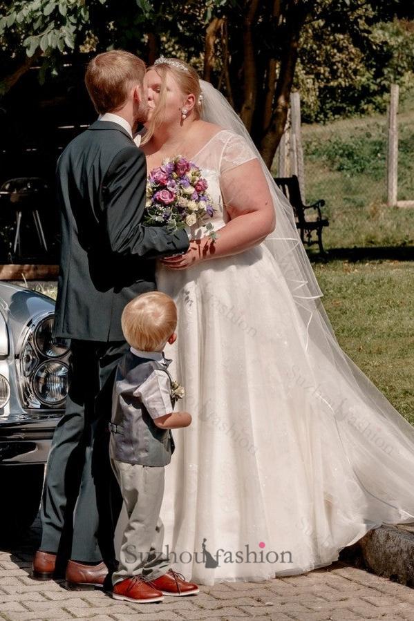 Plus Size Beach Wedding Dress V Neck Cap Sleeve A Line Bridal Gown with Lace