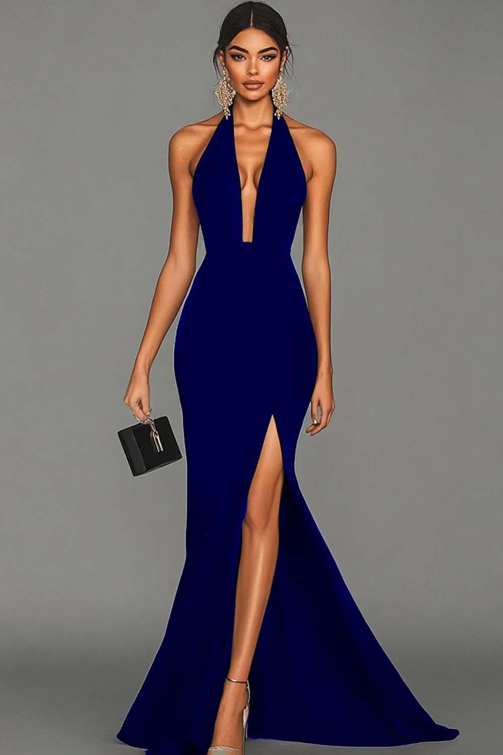 Suzhoufashion Plus Size Black Mermaid Halter Long Prom Dress With Slit