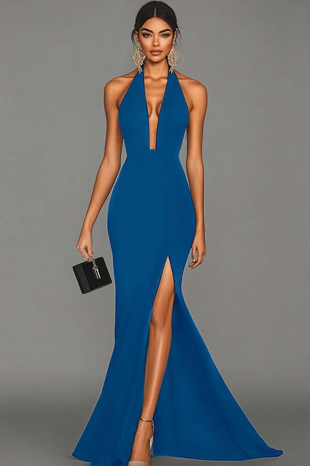 Suzhoufashion Plus Size Black Mermaid Halter Long Prom Dress With Slit