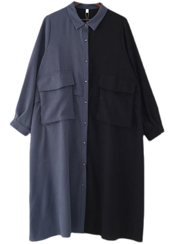 Plus Size Black Patchwork Blue Button Chiffon Spring Dress