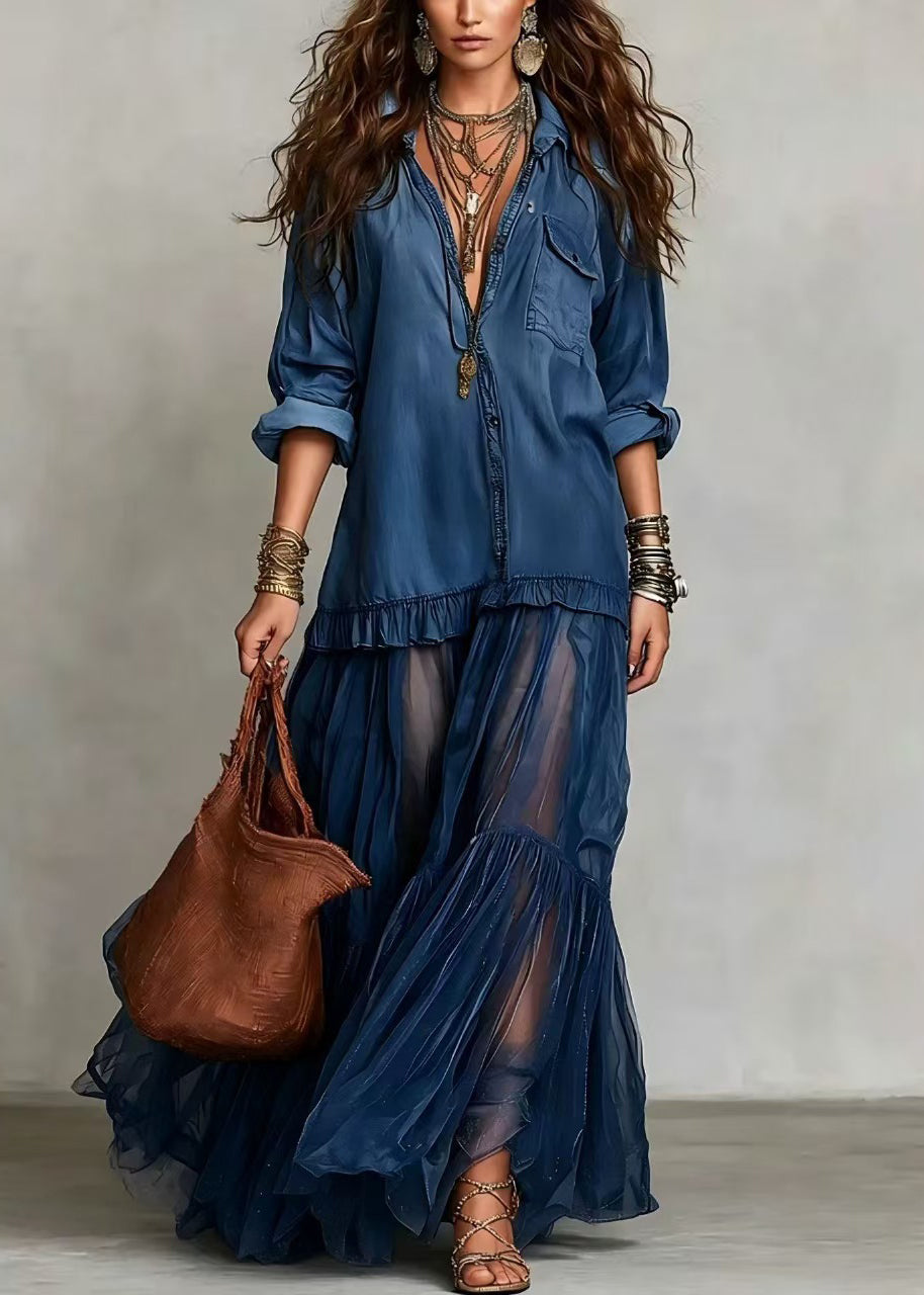 Plus Size Black Peter Pan Collar Patchwork Denim Dress Summer