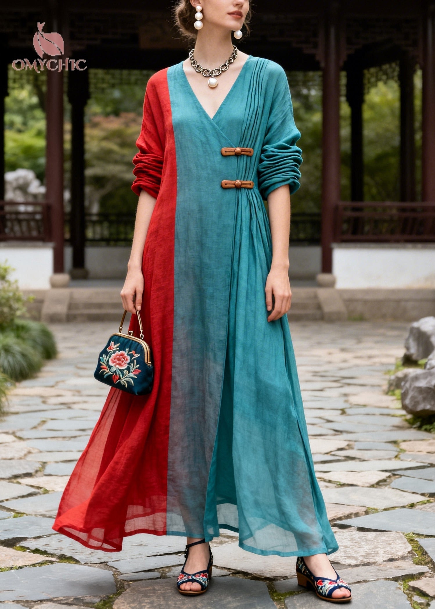 Plus Size Blue Asymmetrical Patchwork Chinese Button Cotton Dresses Summer