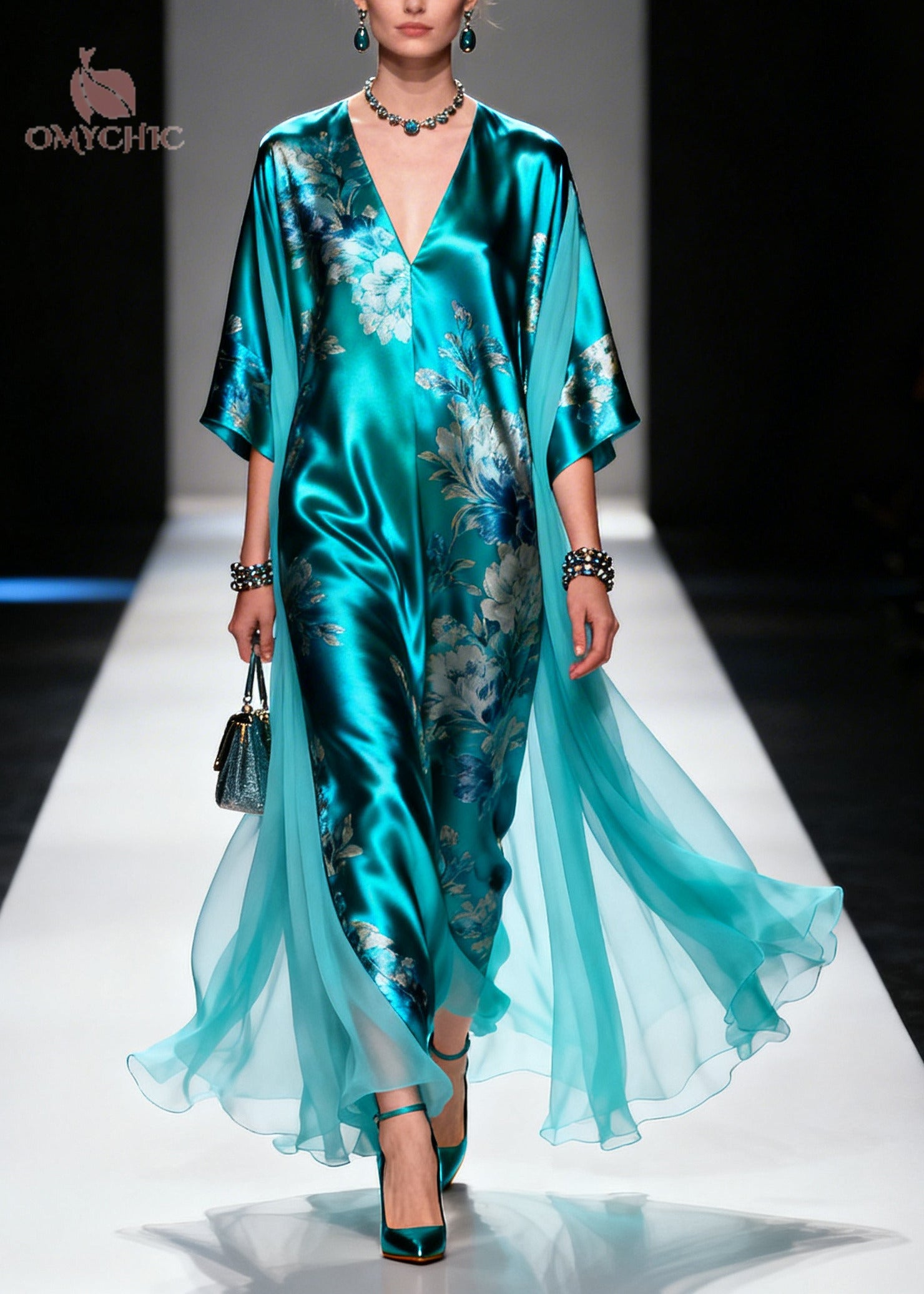 Plus Size Blue Oversized Patchwork Print Silk Holiday Dress Summer