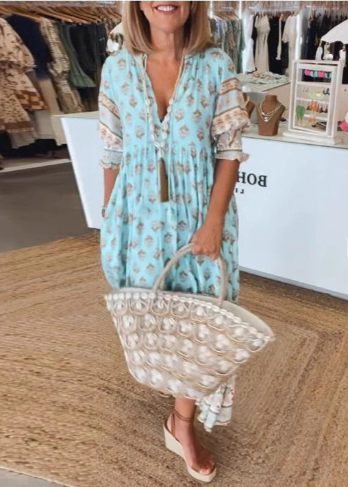 Plus Size Blue V Neck Print Patchwork Cotton Dress Summer