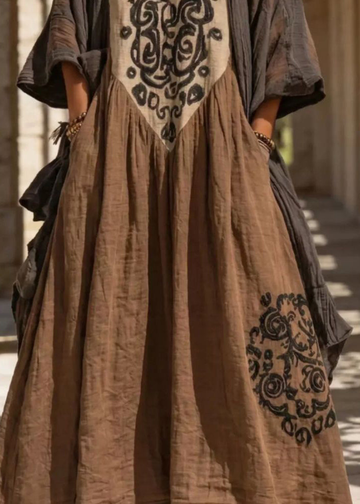 Plus Size Coffee Print Cardigans And Long Dress Two Pieces Set Summer