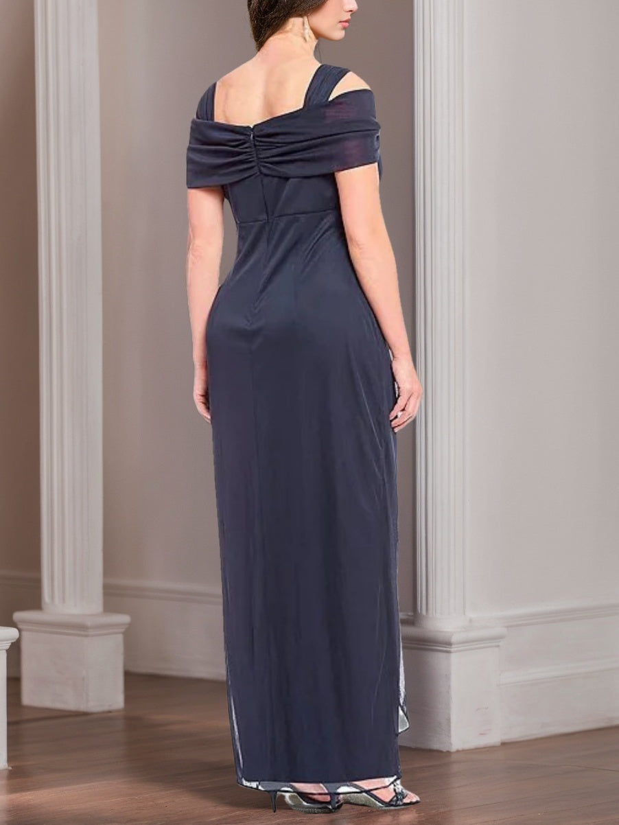 Plus Size Cold Shoulder Ankle Length Mother of the Bride Sheath Dress with Ruffles