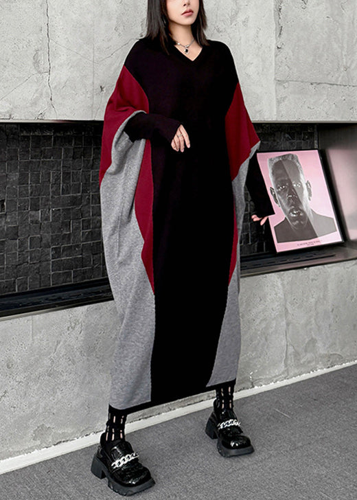 Plus Size Colorblock V Neck Patchwork Knitwear Dress Batwing Sleeve