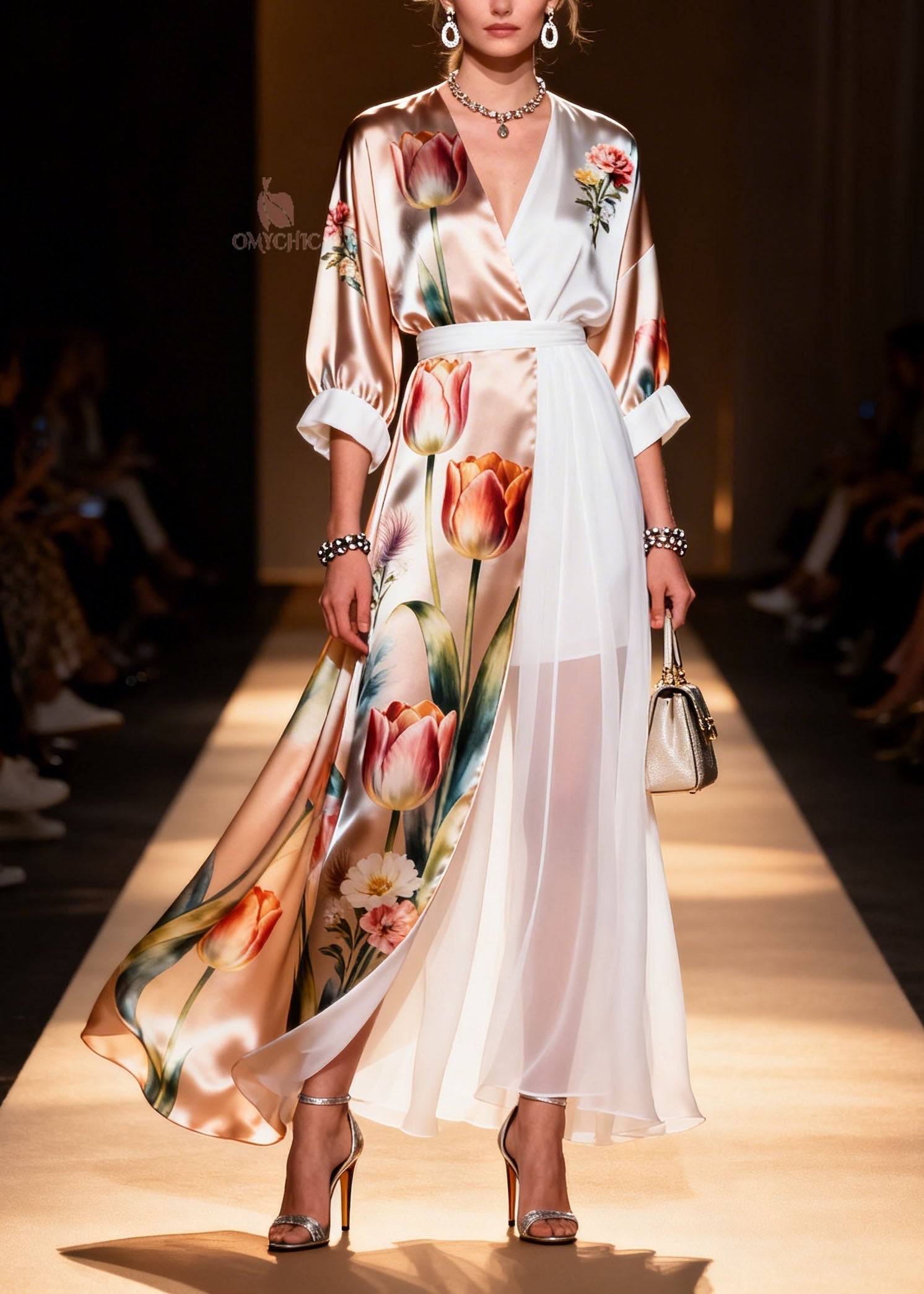 Plus Size Colorblock V Neck Print Chiffon Dress Summer