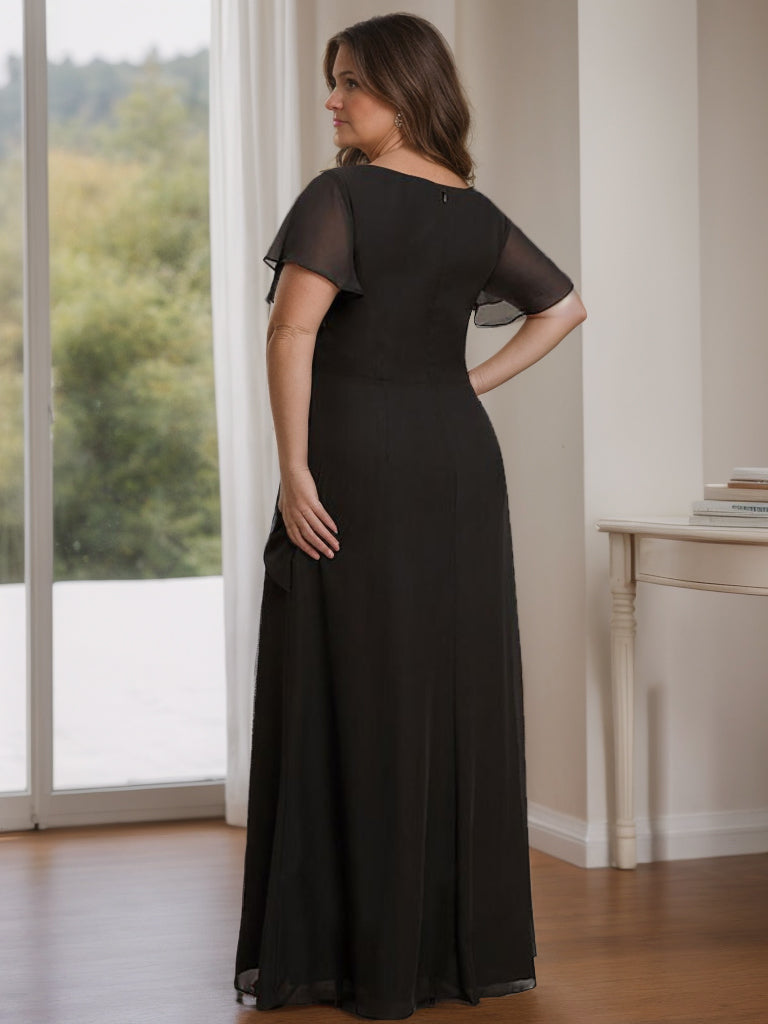 Plus Size Long A Line Mother of the Bride Dress with Ruffles Round Neck and Short Sleeves