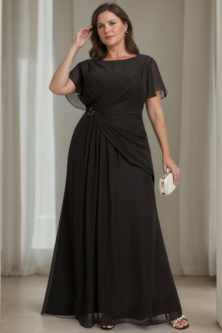 Plus Size Long A Line Mother of the Bride Dress with Ruffles Round Neck and Short Sleeves