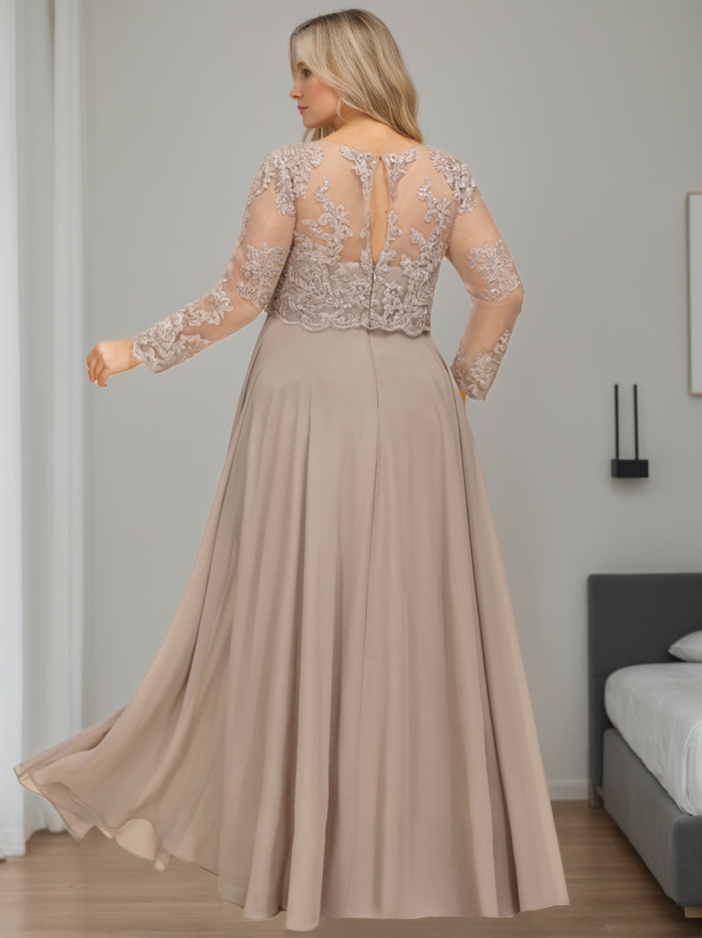 Plus Size Long A Line Mother of the Bride Dress with Scoop Neck and Long Sequined Sleeves